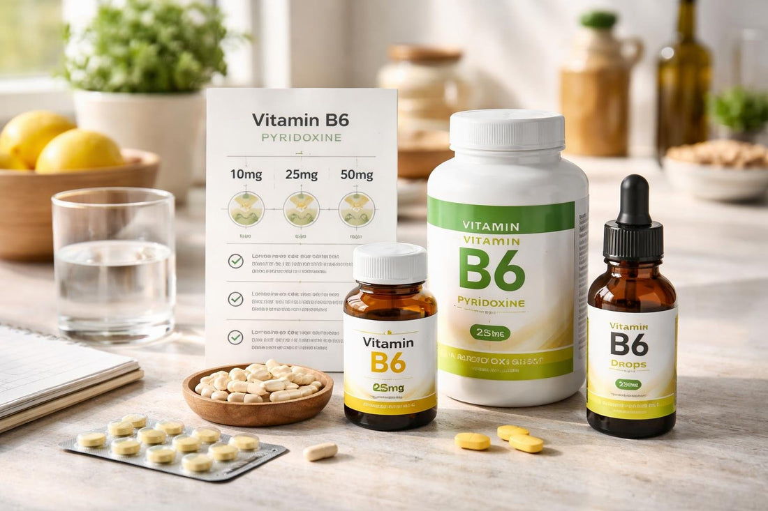 Vitamin B6 pyridoxine supplement bottles and dose guide
