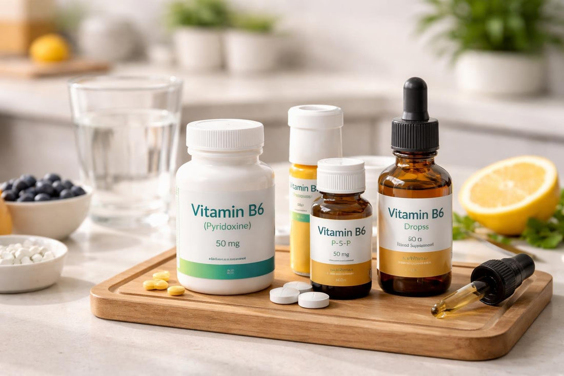 Vitamin B6 pyridoxine supplement bottles and drops on table