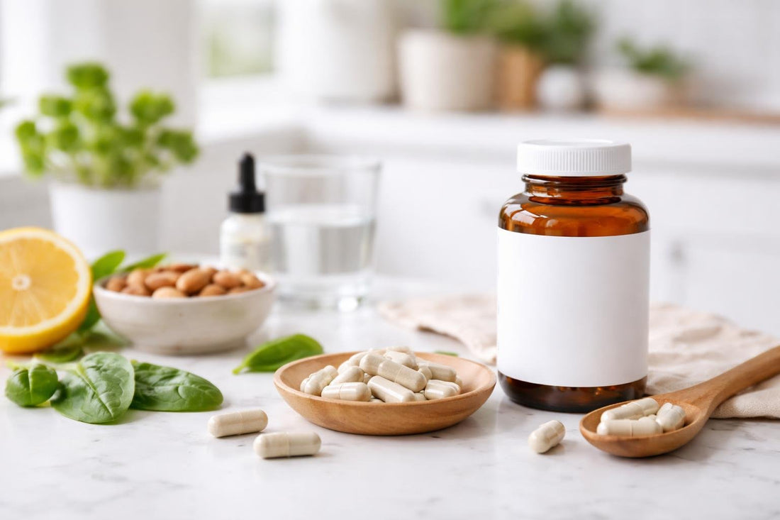 Close-up vitamin B6 pyridoxine supplement capsules on table