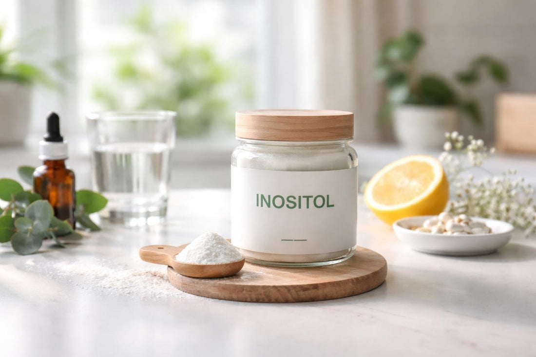 Jar and scoop of inositol powder for fertility support