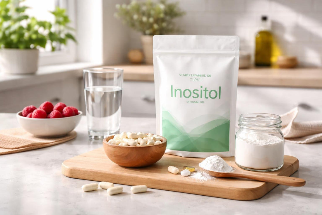 Vitamin B8 inositol powder and capsules on kitchen counter