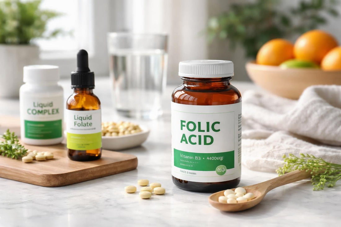 Vitamin B9 folic acid supplements with label showing micrograms