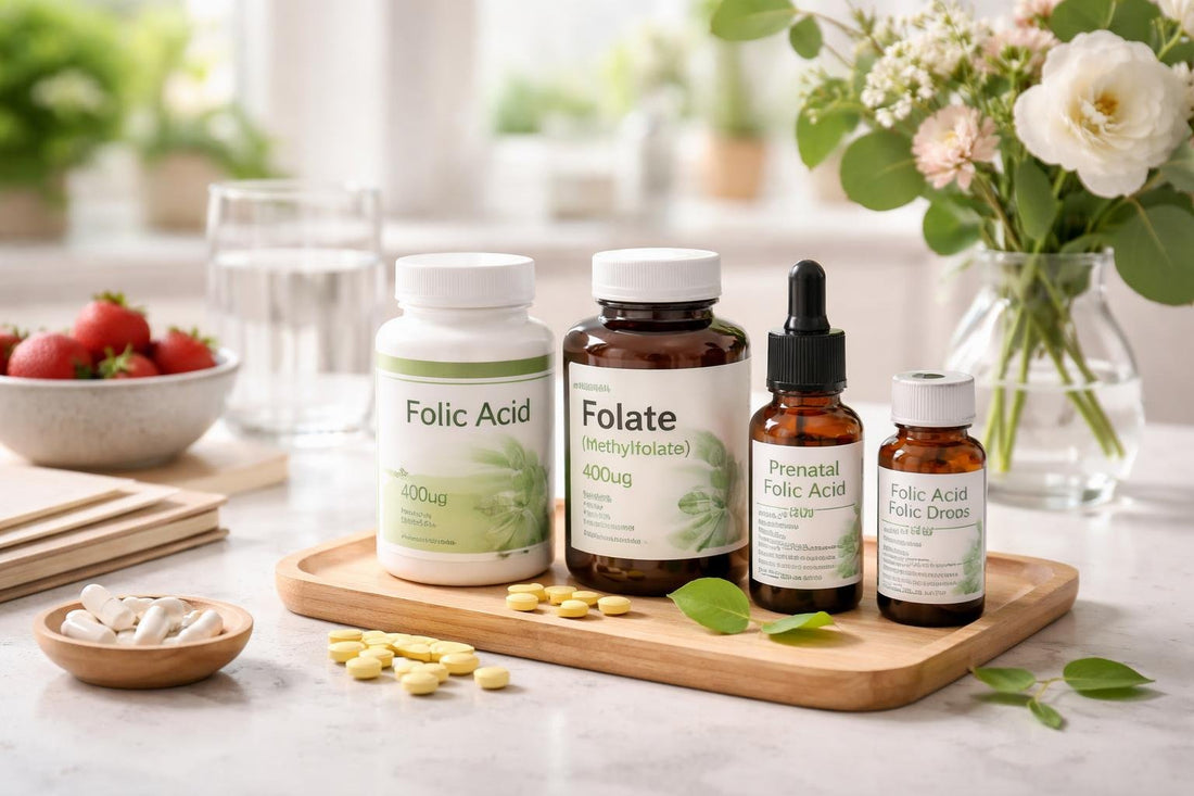 Vitamin B9 folic acid supplement bottles and capsules