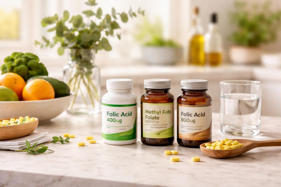 Vitamin B9 supplements and folic acid bottles on table