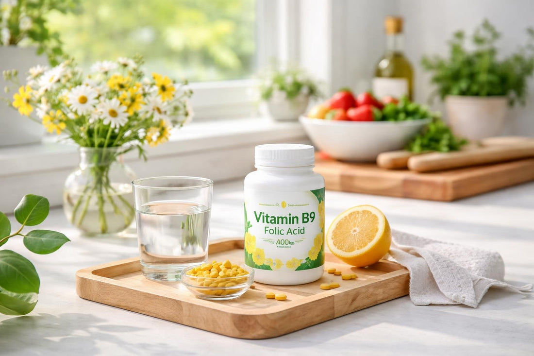 Vitamin B9 folic acid supplements with spring wellbeing essentials
