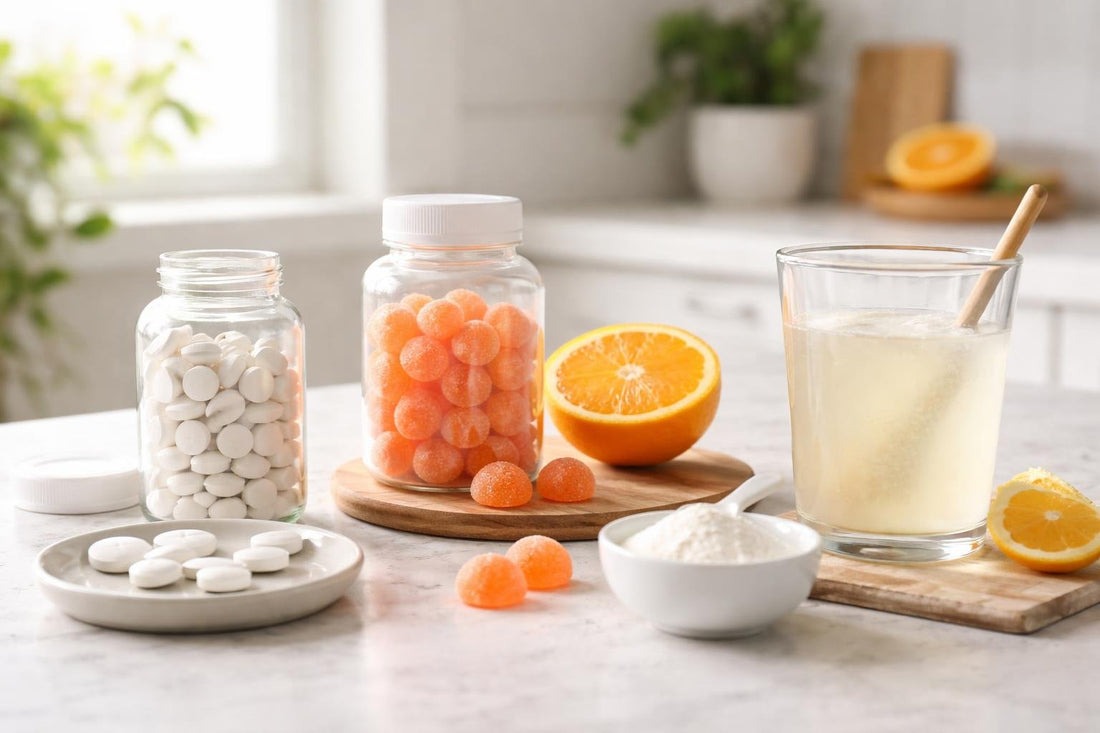 Vitamin C tablets, gummies and powder options on a table