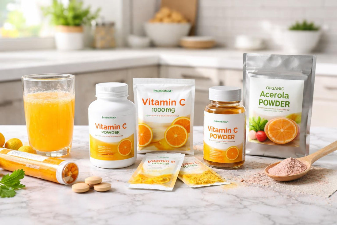 Assorted vitamin C supplements and powdered drink sachets