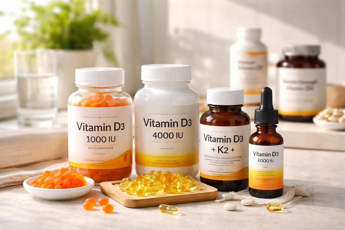 Vitamin D supplements selection including gummies liquid capsules