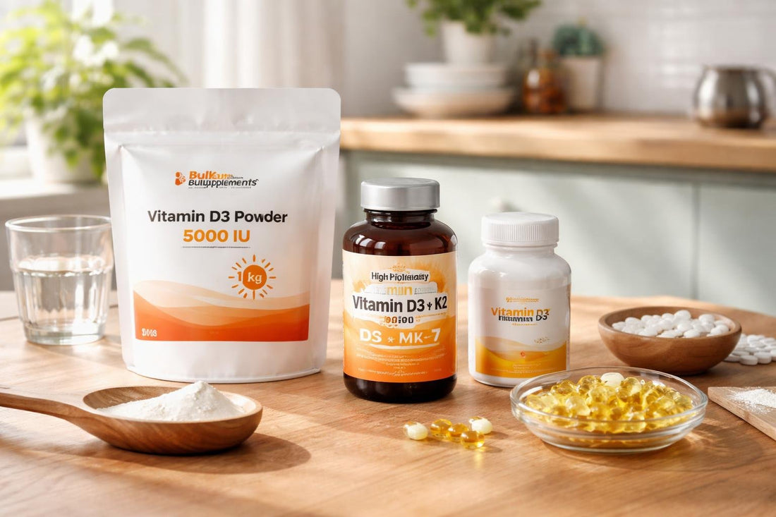 assorted vitamin D supplements and capsules on wooden table