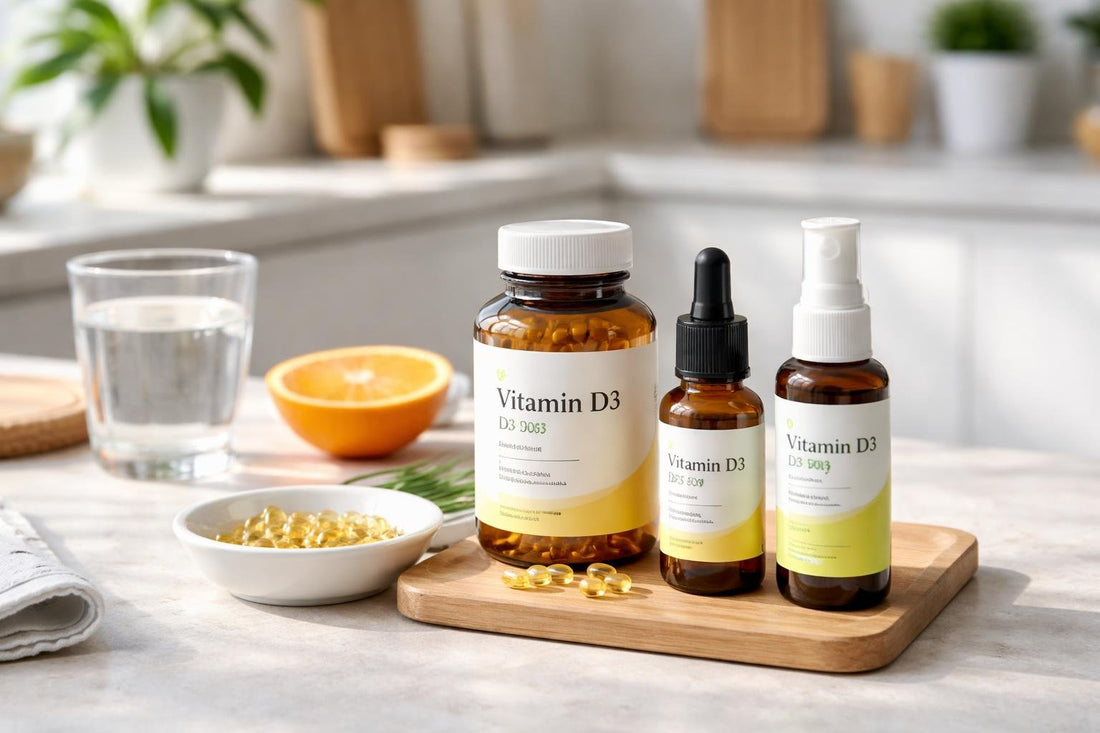 Vitamin D supplements in capsules, spray and drops on table
