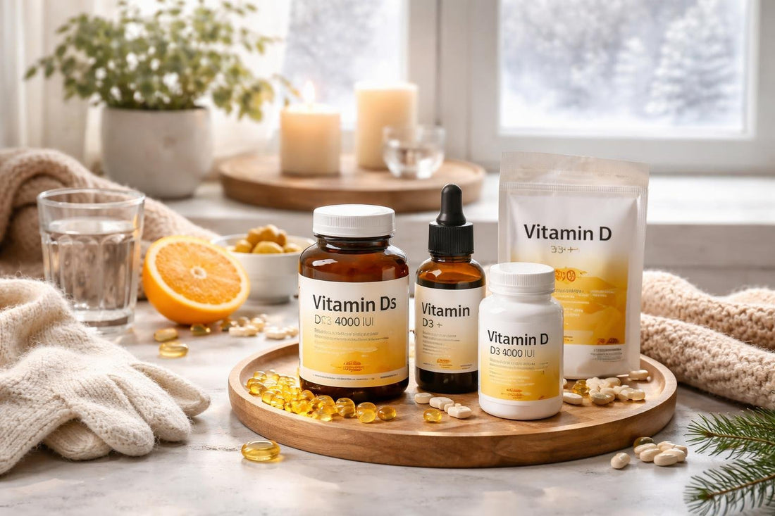 Assorted vitamin D supplements and winter essentials