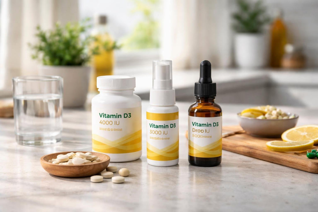 Vitamin D tablets, oral spray and drops on kitchen table