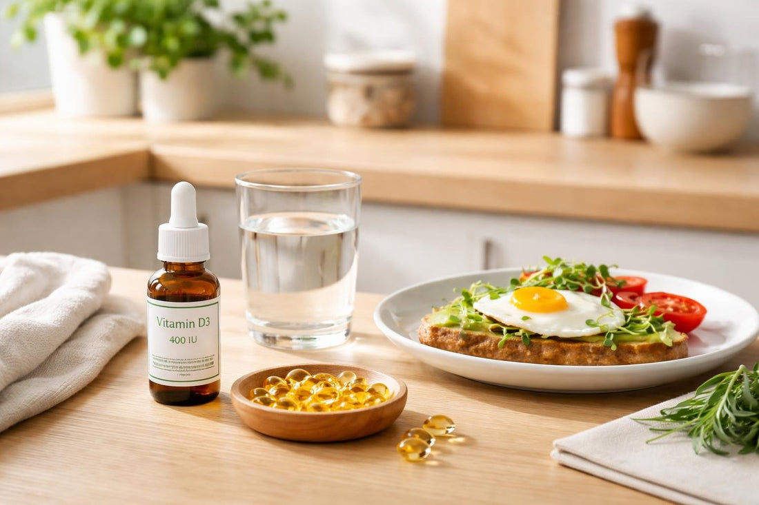 Vitamin D capsules and drops with a breakfast plate