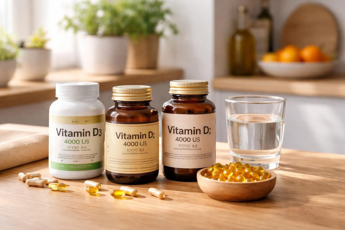 Bottles of vitamin D supplements on wooden table