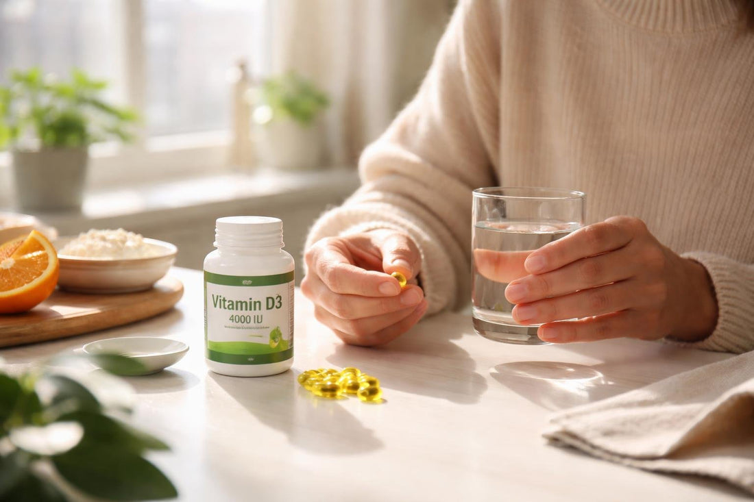 Adult taking vitamin D supplement in winter sunlight