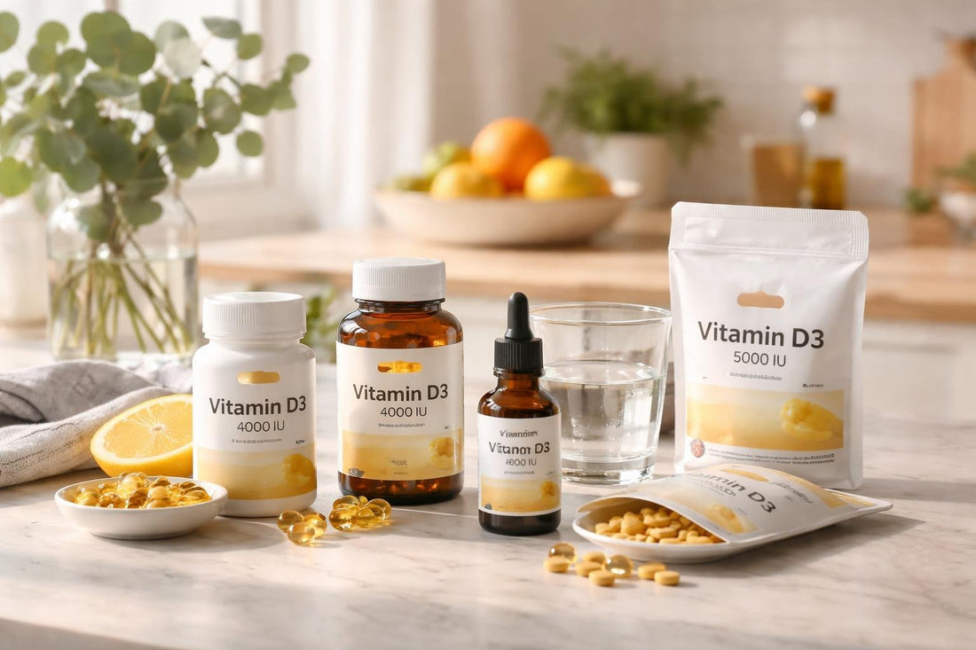 Assorted vitamin D supplements and drops for winter