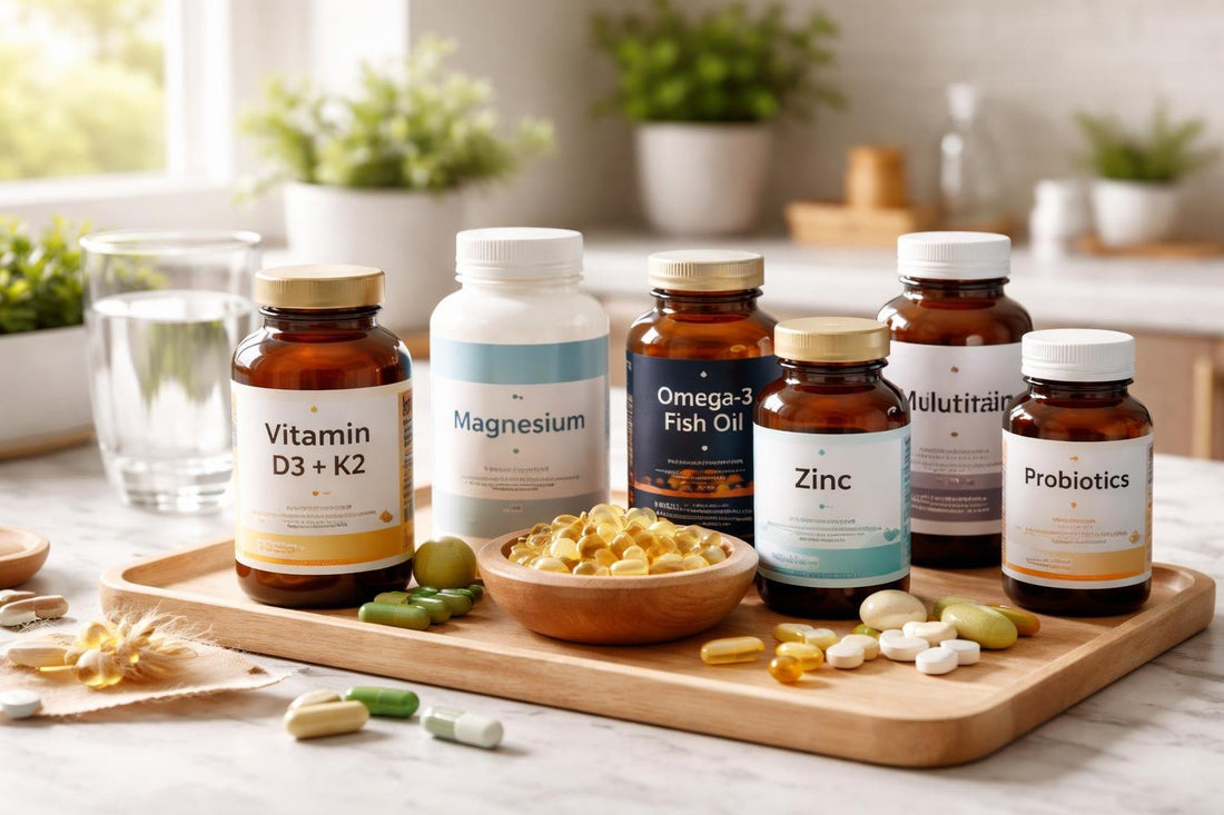 Assorted vitamin bottles and capsules for daily stacks