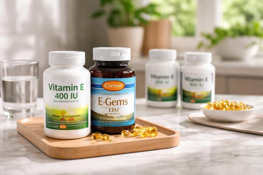 selection of vitamin E supplement bottles and capsules