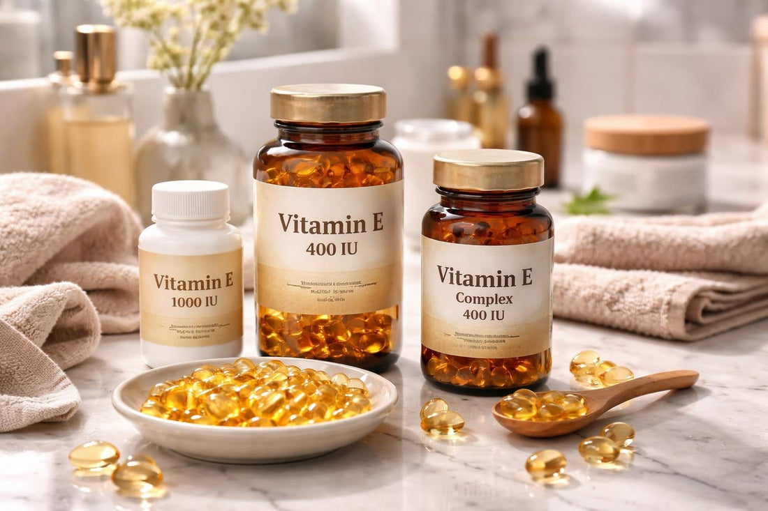 Vitamin E capsules and softgels for dry skin support