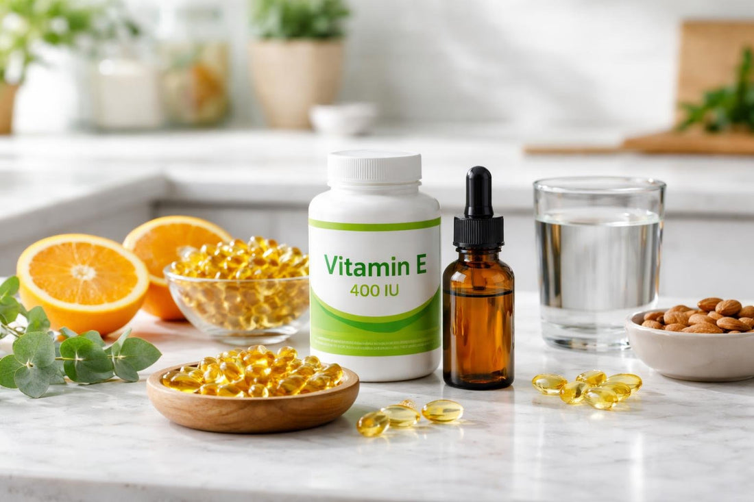 Vitamin E capsules and oil softgels on a kitchen counter