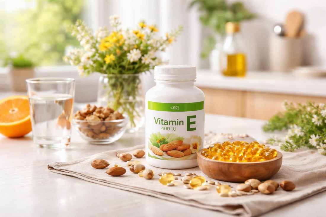Vitamin E capsules and nuts for spring and summer