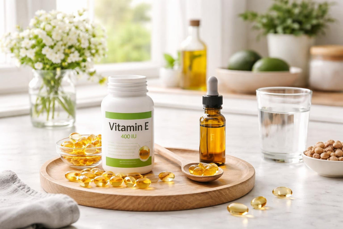 Vitamin E supplement softgels and capsules on a kitchen counter
