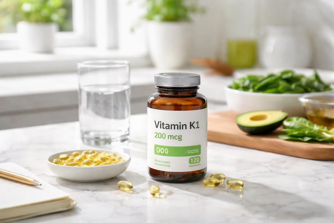 Vitamin K1 supplement capsules with label showing micrograms