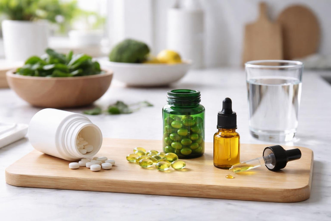 Vitamin K1 tablets, capsules and drops on a kitchen counter