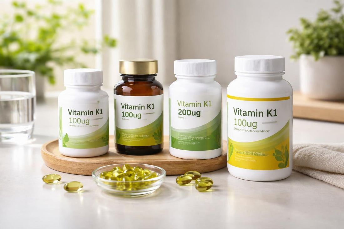 assorted vitamin K1 supplement bottles and softgels