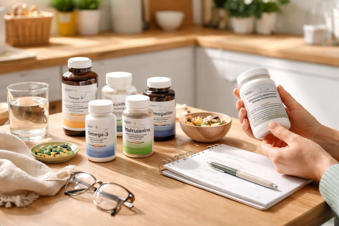 Budget shopper checking vitamin supplement labels for quality