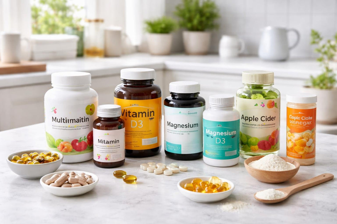 Assorted vitamin supplement bottles and powders