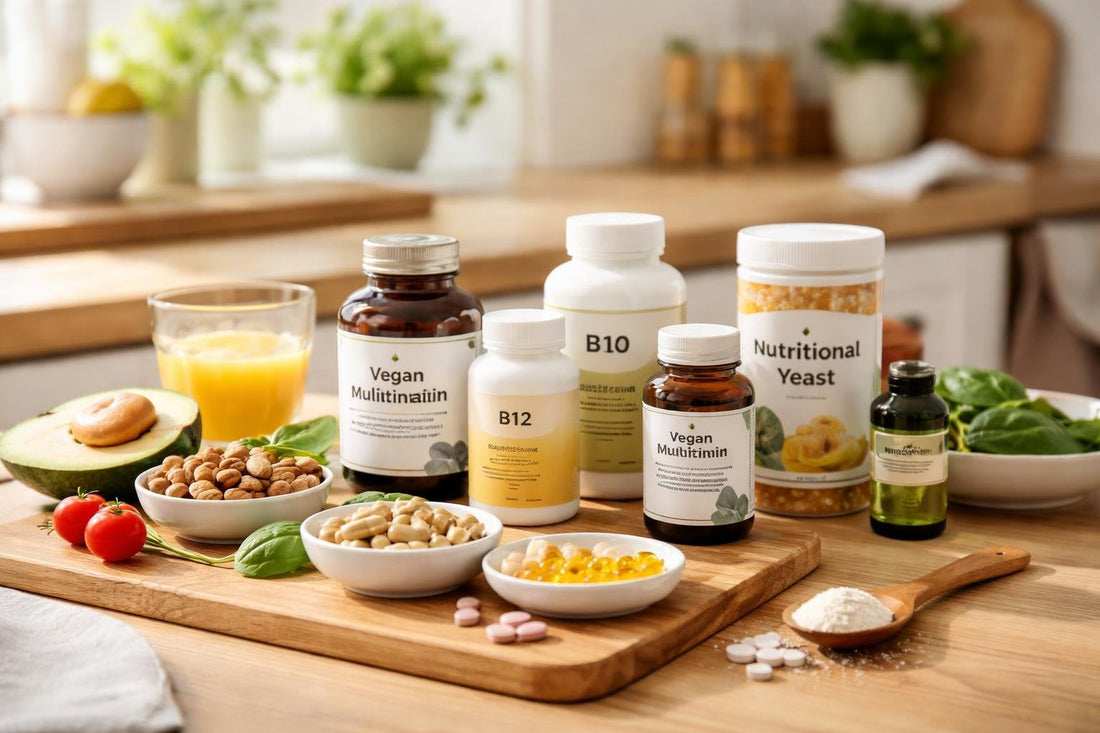 Assorted vegan supplements and capsules on a wooden table