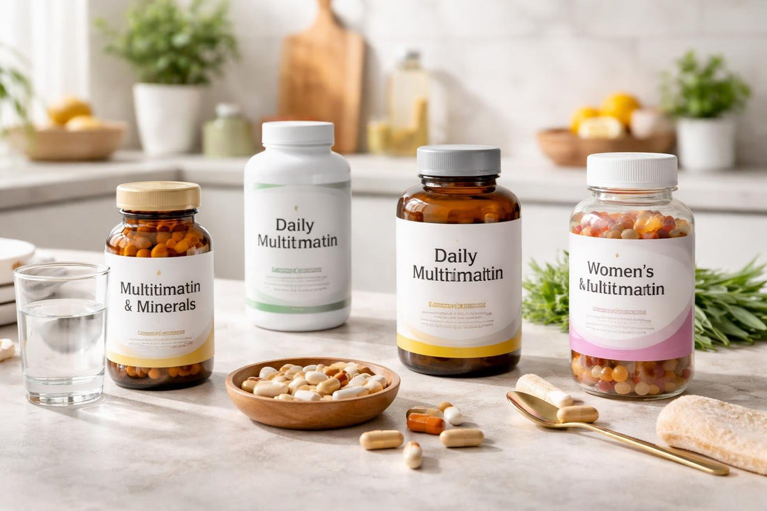 Assorted multivitamin bottles and capsules on table
