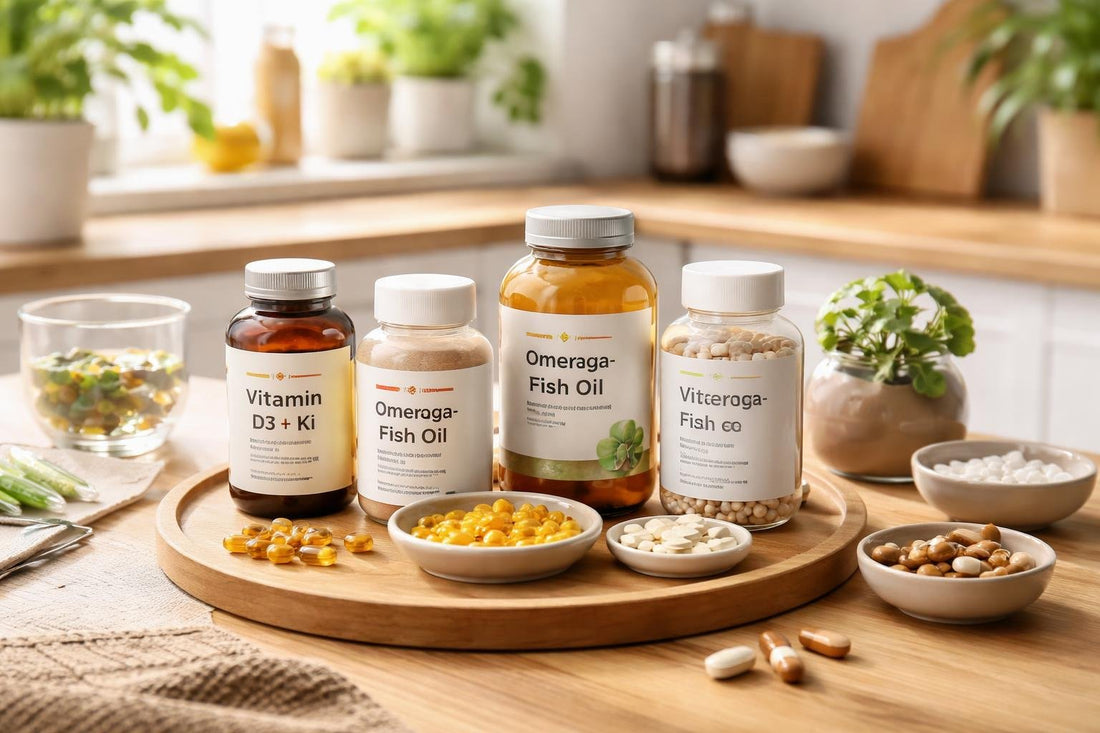 Assorted vitamin supplements and bottles on wooden table