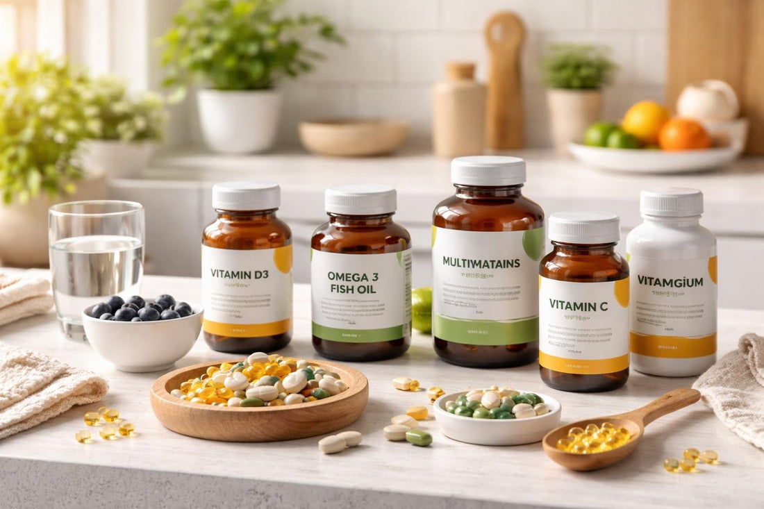 Vitamins minerals and supplements arranged for daily routine