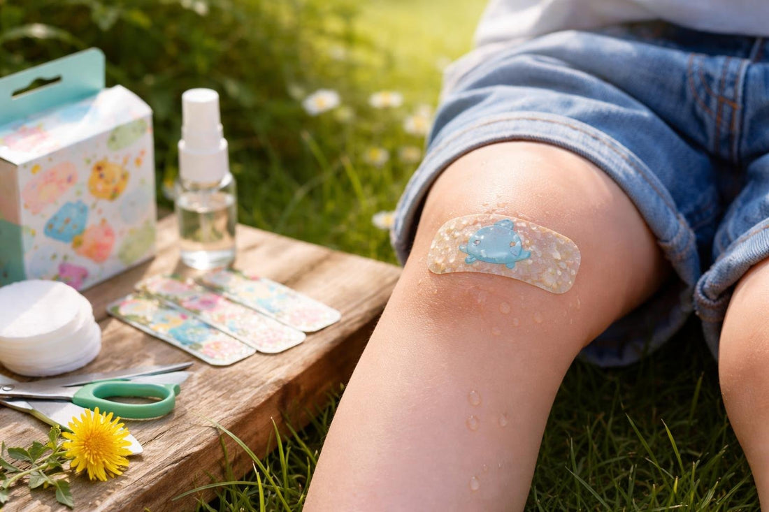 Waterproof child plasters protecting small knee scrape outdoors