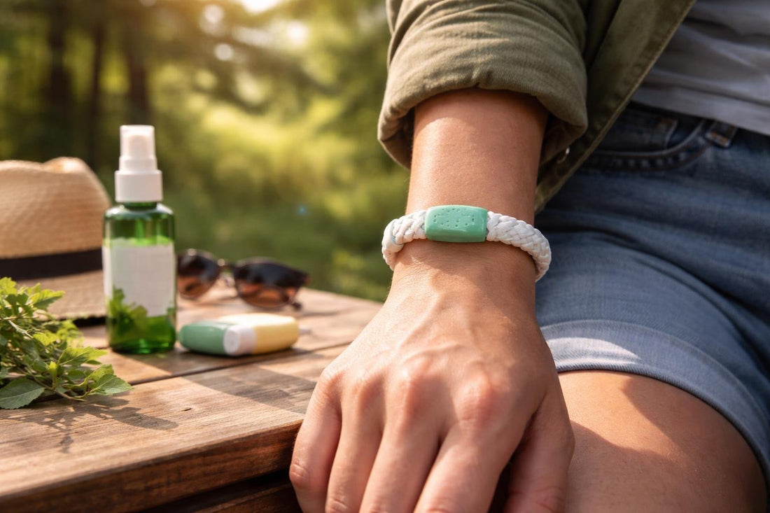 Insect repellent band worn on wrist outdoors