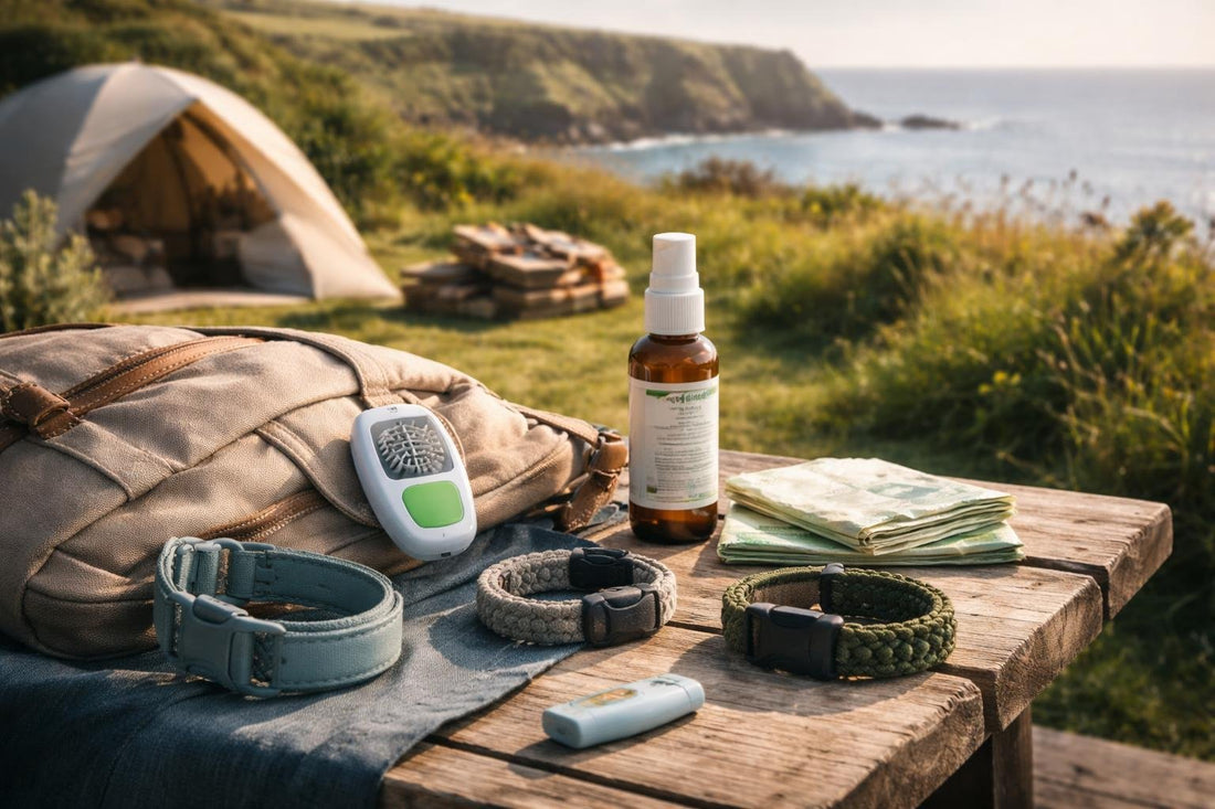 Wearable insect repellents on camping gear in Cornwall