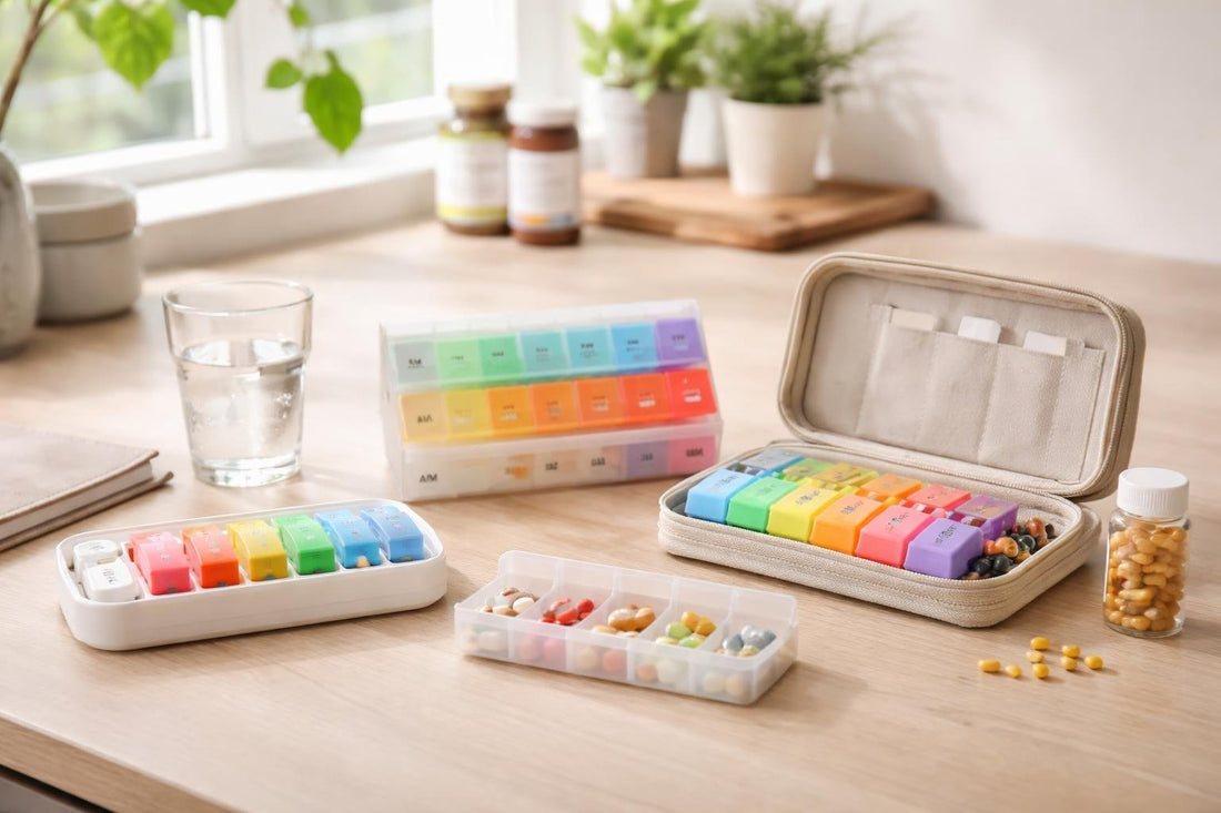 Beginner-friendly weekly pill organiser options laid out neatly