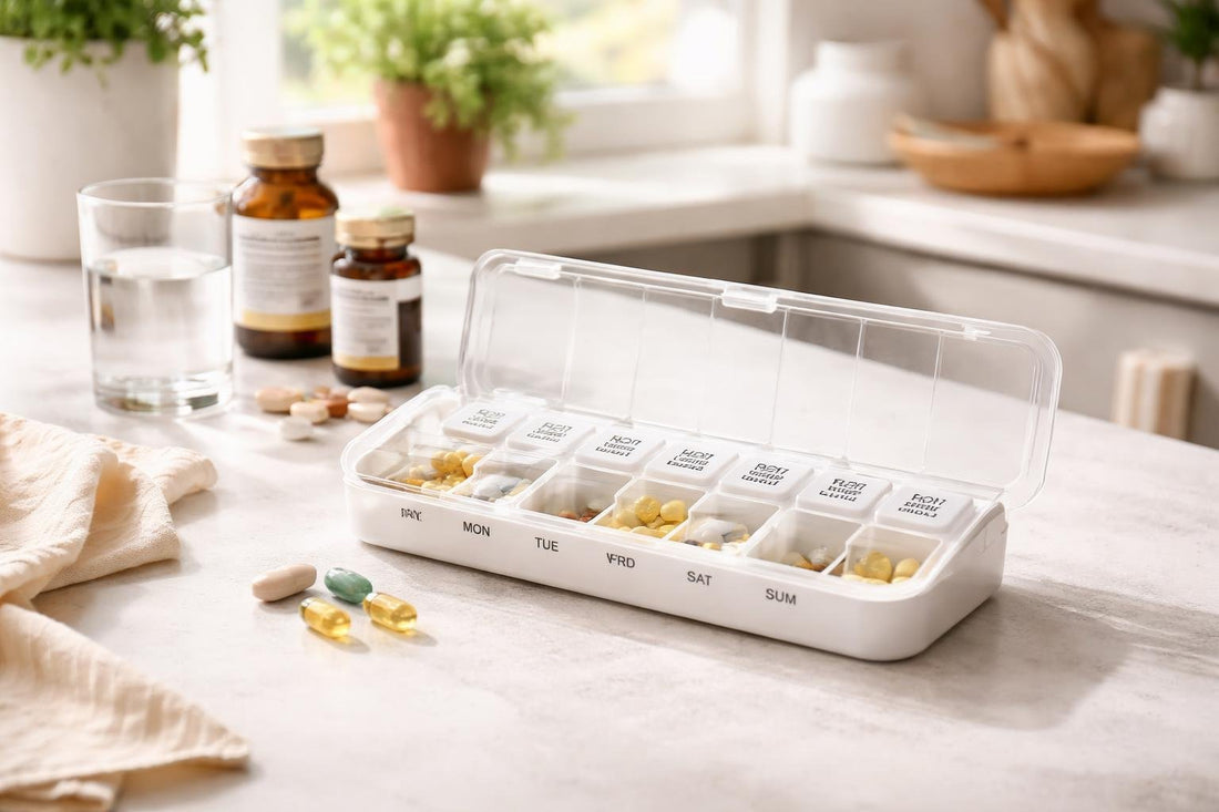 Weekly personal pill organiser with labelled AM and PM slots