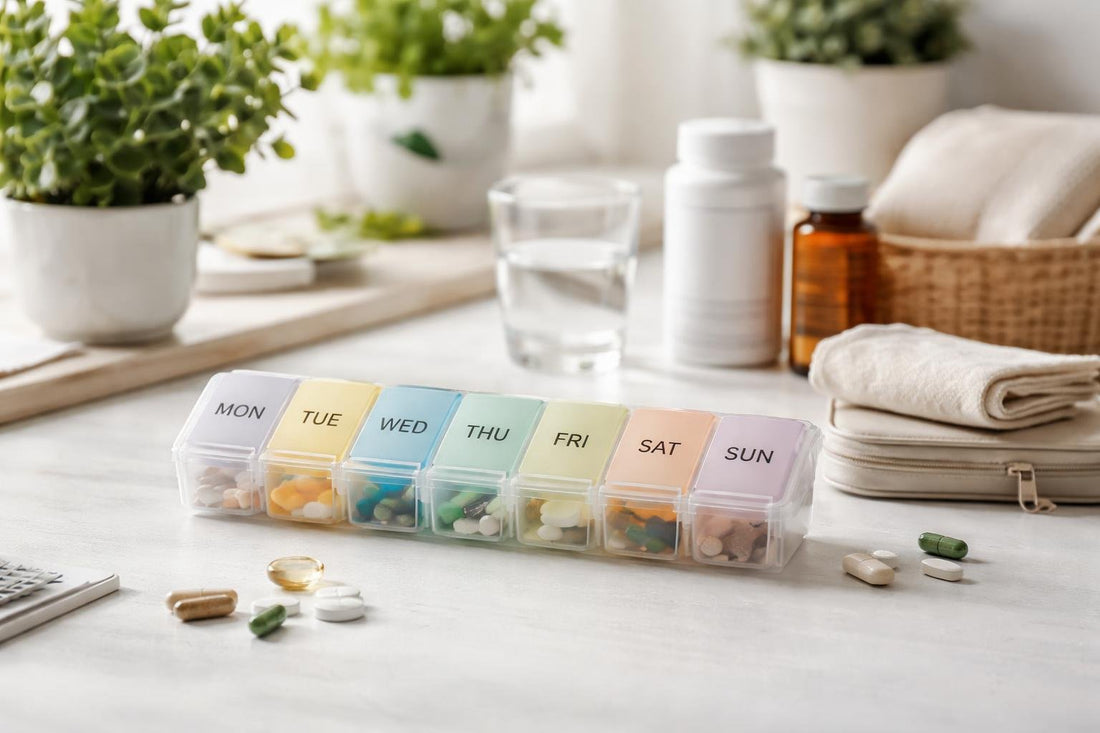 Weekly pill organiser with labelled compartments for UK routines