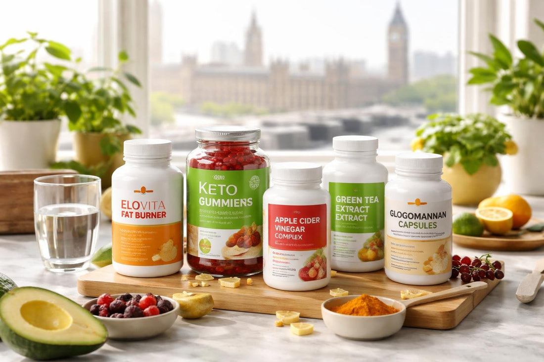 Selection of weight loss supplements on a London table