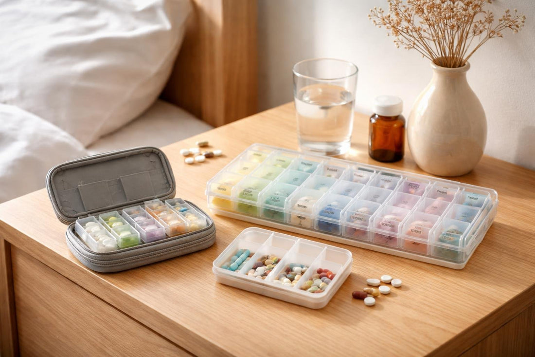 Weekly pill organiser and travel case on bedside table