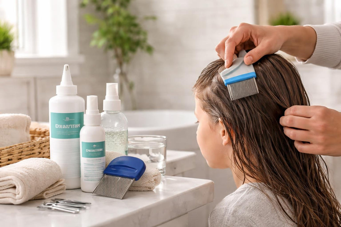 Parent wet-combing hair with fine-toothed lice comb