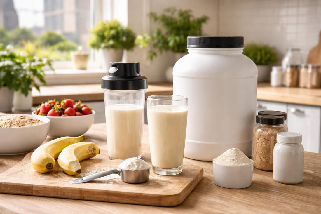 Whey protein powder mixing tips in a London kitchen