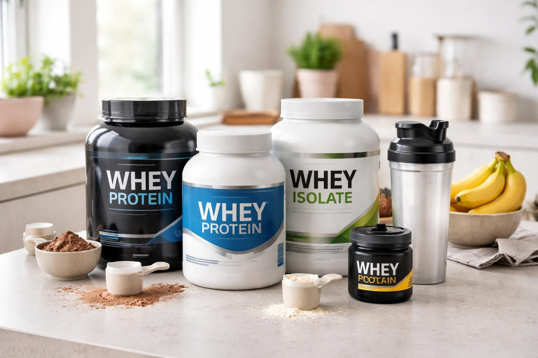 Assorted whey protein tubs, scoops and shaker bottle on kitchen counter