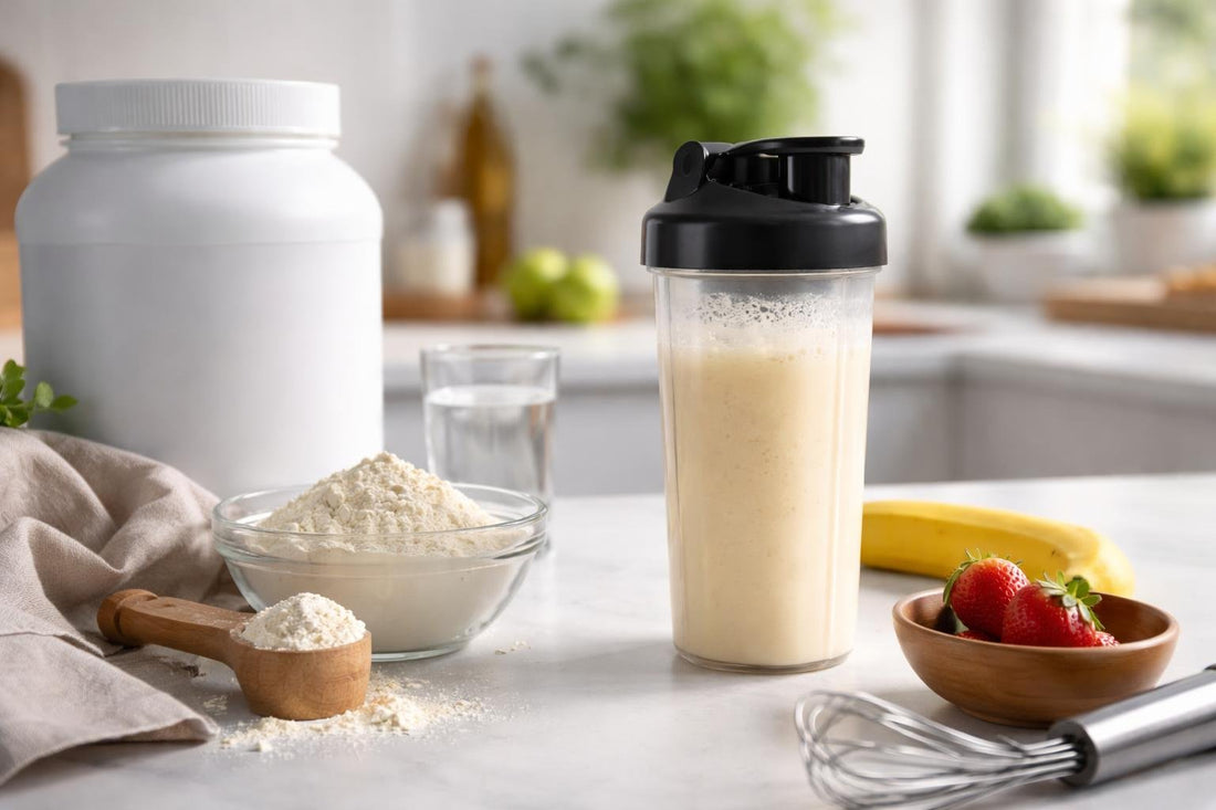 Whey protein powder shake mixing smoothly in a shaker