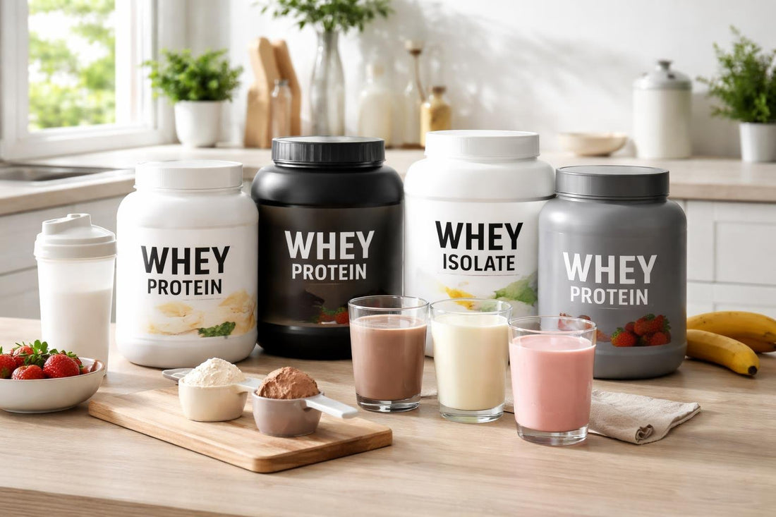selection of whey protein powders and scoops on table