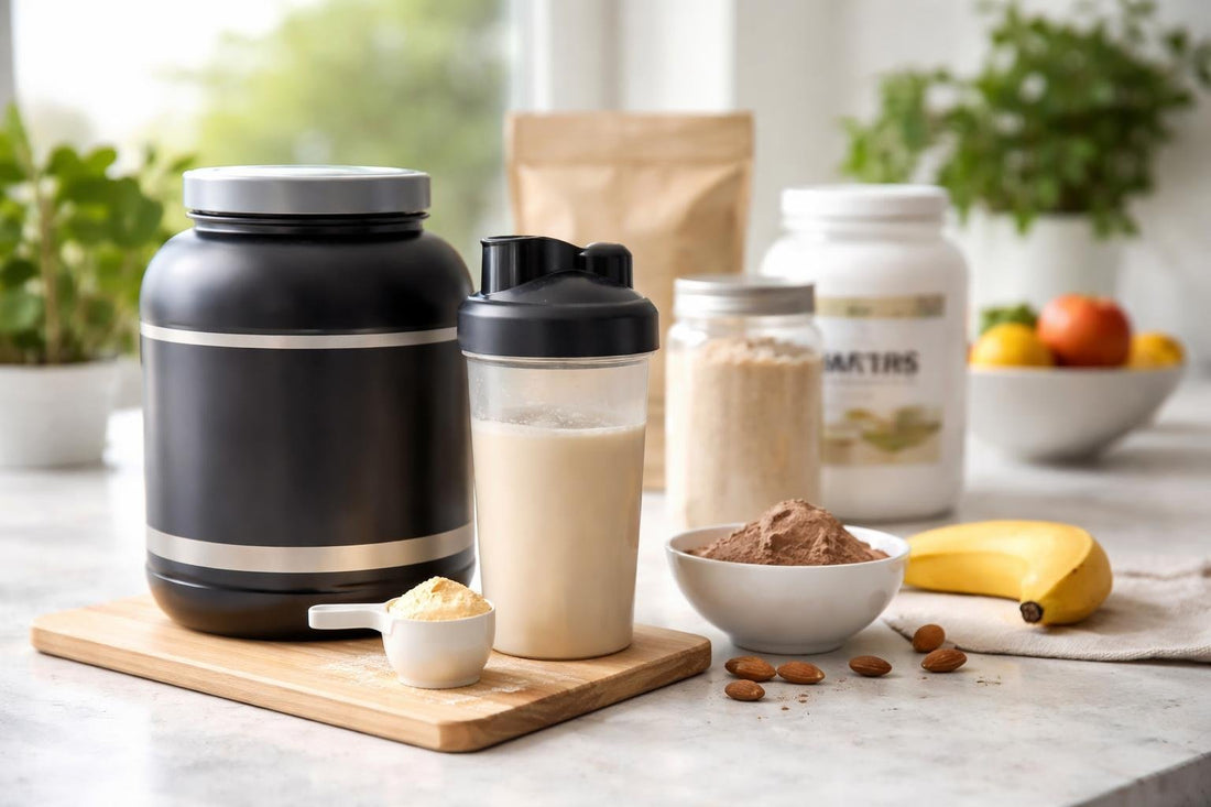 whey powder tub and shaker on kitchen counter