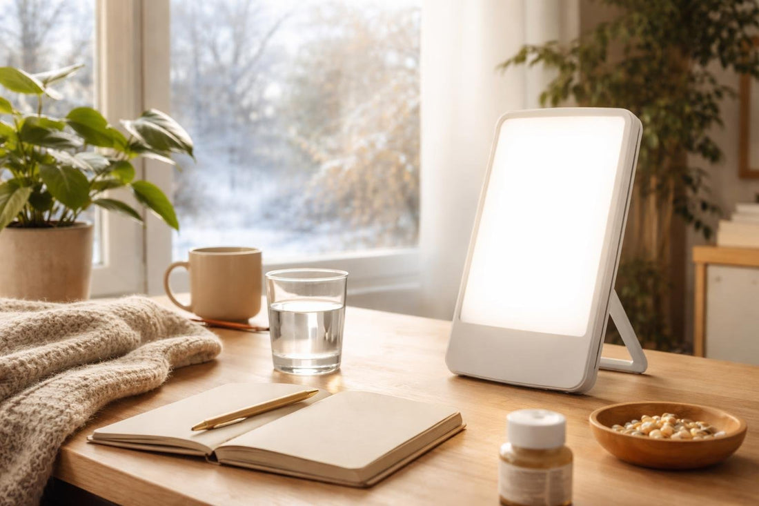 Light therapy lamp on desk for winter morning routine